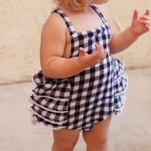 Angel Dear - Ruffle Sunsuit with matching hat Gingham Navy 3-6 Months